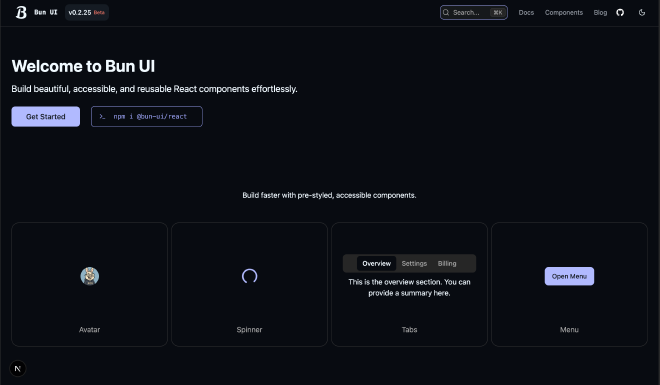 Screenshot of bun-ui.com homepage